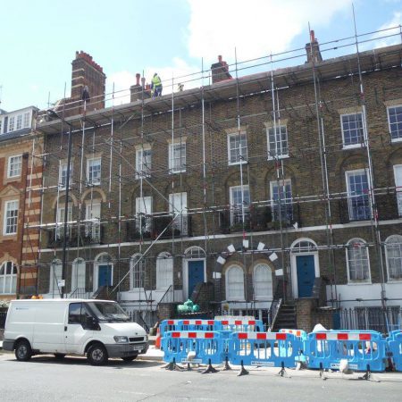 Roof Replacement Project. 5 Grade II listed Terrace Blocks of Flats. New North Road, Old Street, London.